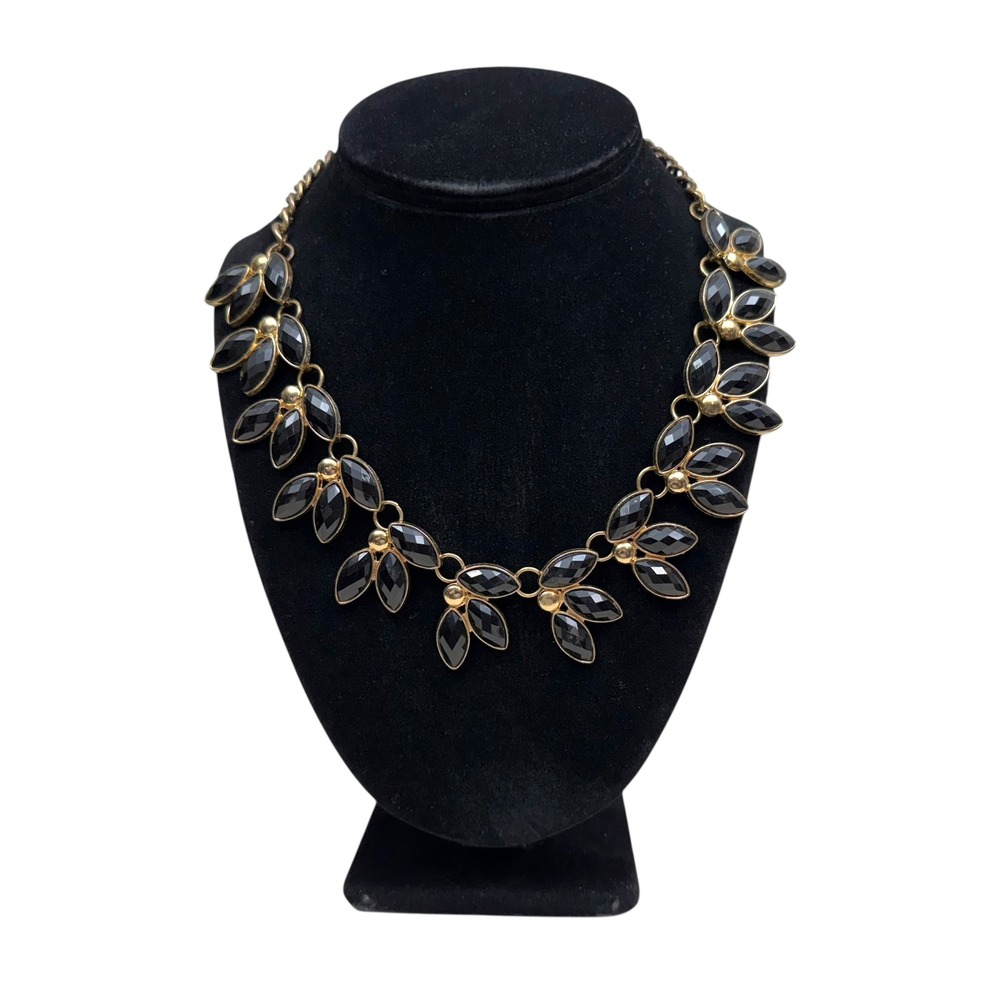 Black Onyx Acrylic Statement Necklace Gold Tone Floral Costume Jewelry 8.5 in L